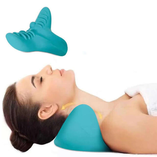 A woman lying on a blue neck and shoulder relaxer for pain relief