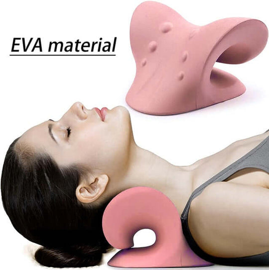 A monan lying on a pink neck and shoulder relaxer for pain relief