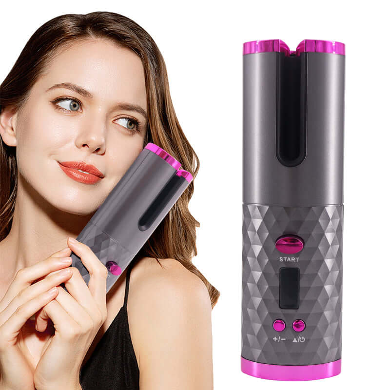 A young woman holding a cordless automatic ceramic hair curler