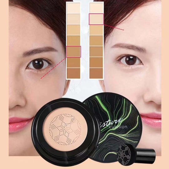 An open box of waterproof moisture cushion foundation and a face of a beautiful woman before and after its use