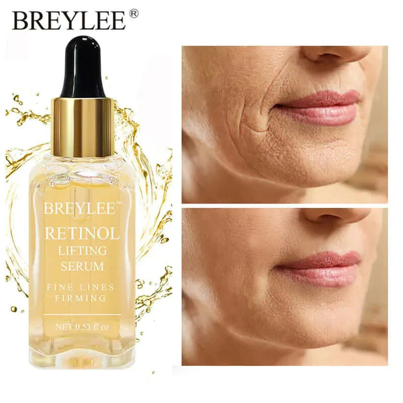 Before and after use of Breylee retinol firming and lifting serum on a woman's face