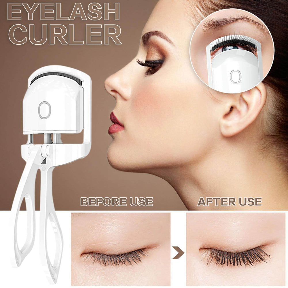 Before and after use of a white rechargable electric  eyelash curler