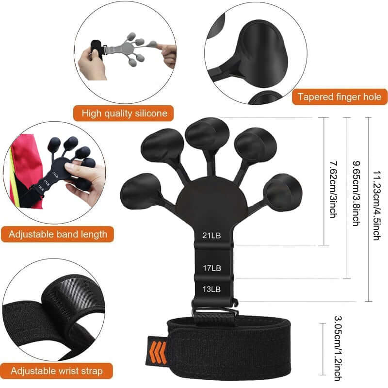 Premium Strength Finger Exerciser with adjustable wrist strap, high-quality silicone construction, tapered finger hole, and illustrated sizes for optimal training.