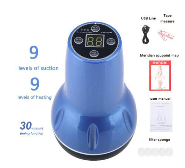 Benefits and what is included in the package of a nine levels of suction electric vacuum cupping massager