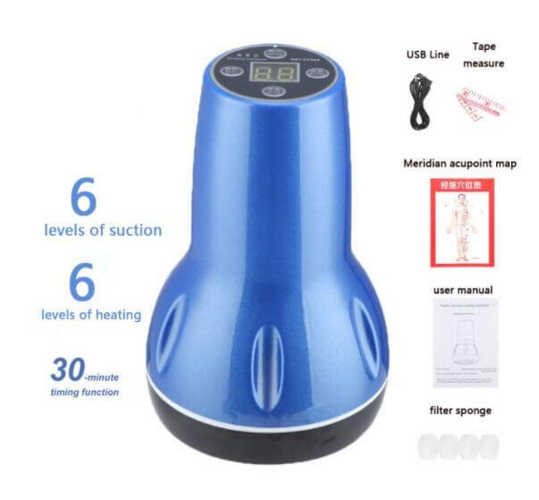 Benefits and what is included in the package of a six level of suctions electric vacuum cupping massager