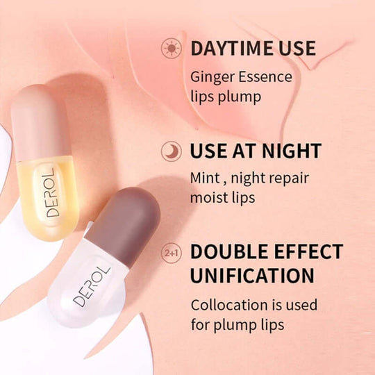 Daytime ginger essence is for lip plump; Nightime mint essence - for repair and moisturize