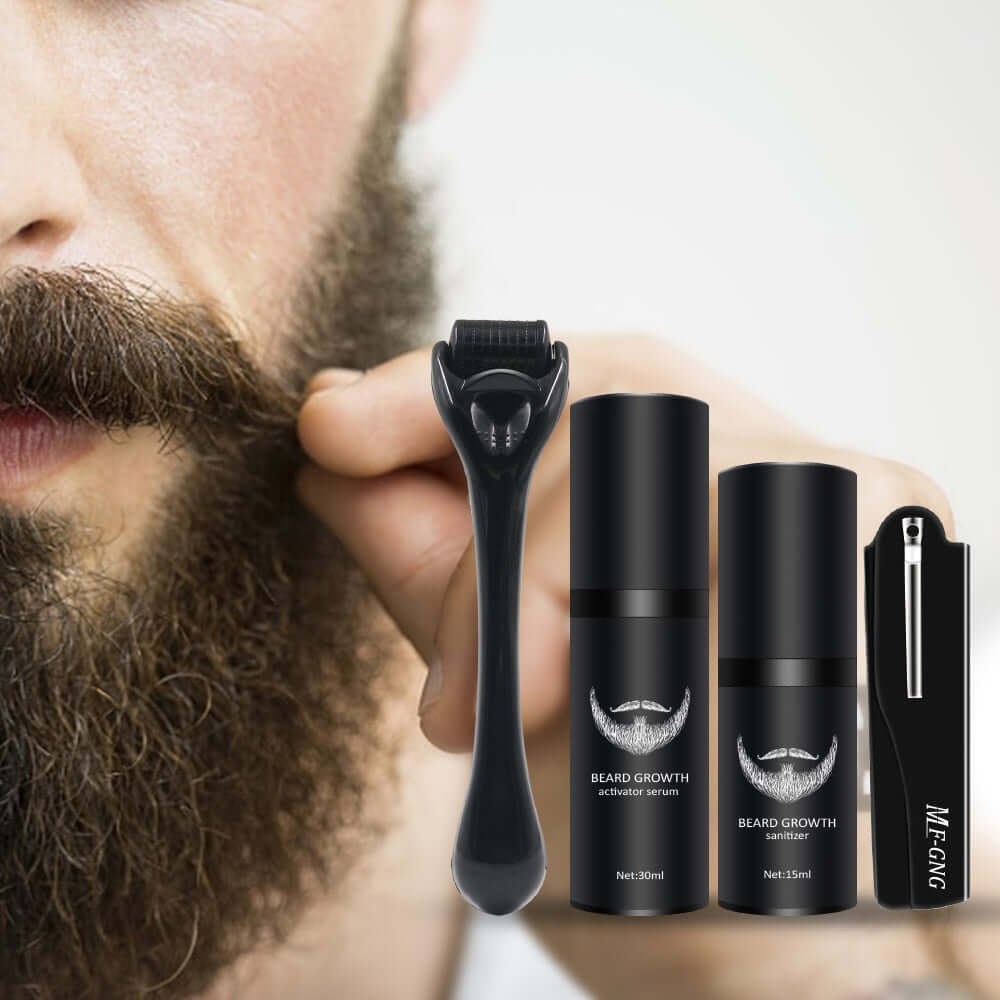 Man's beard and the beard growth kit with derma roller