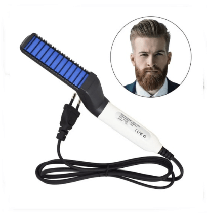 Multifunctional hair styler brush and the face of a beard man after using it