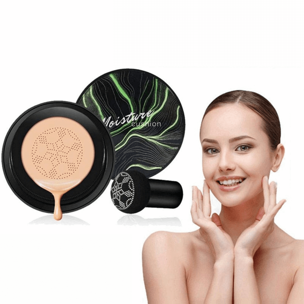 Open box of waterproof moisture foundation and a cushion and the face of a beautiful woman