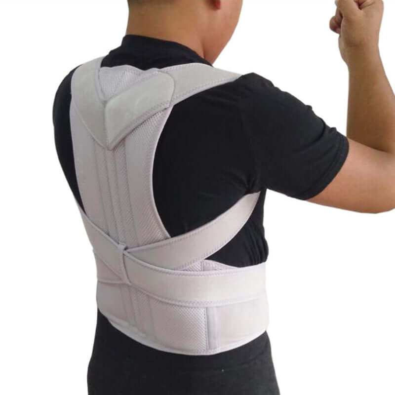 Side view of a man wearing a grey posture corrector