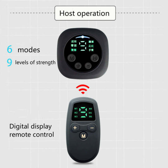 The  digital display EMS foot massager has 6 modes, 9 strength levels