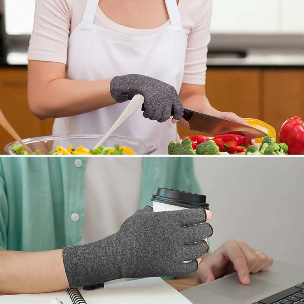 Two women wearing copper arthritis compression gloves one of them working on a-laptop and the second one is cooking